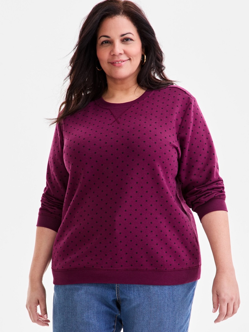 Plus Size Polka Dot Fleece Crewneck Long-Sleeve Top Casual Weekend